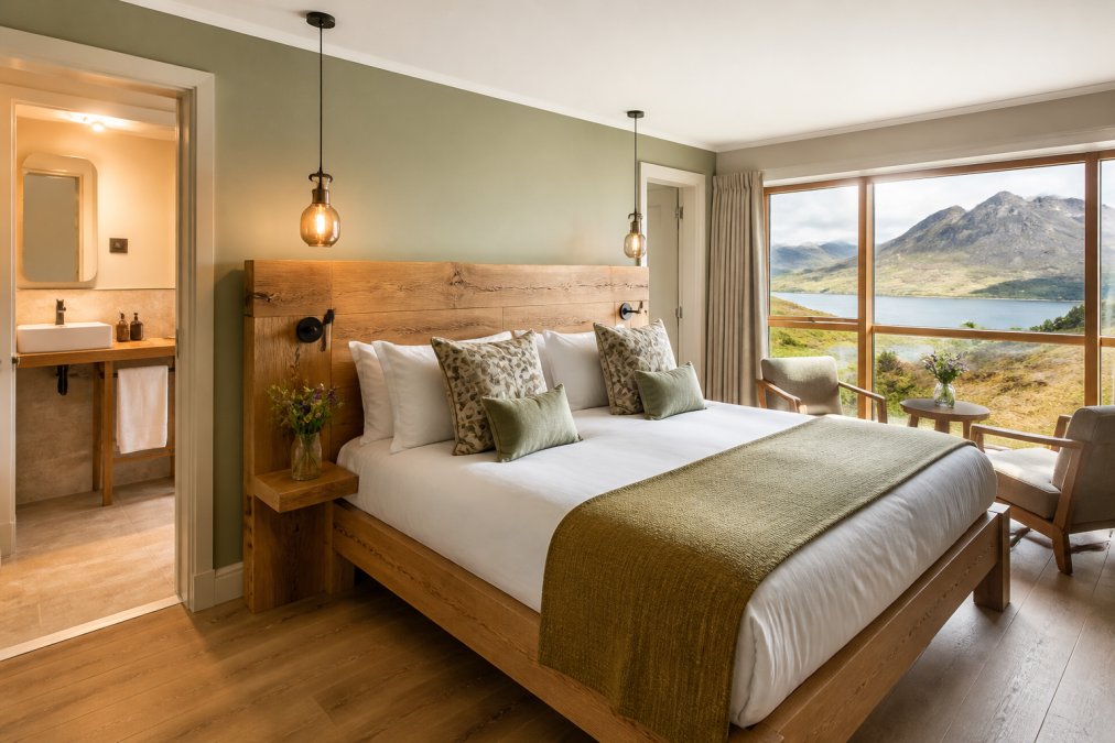 Luxurious lodge bedroom with handmade bed, ensuite bathroom visible through open door, large windows framing Scottish mountain scenery, warm natural lighting