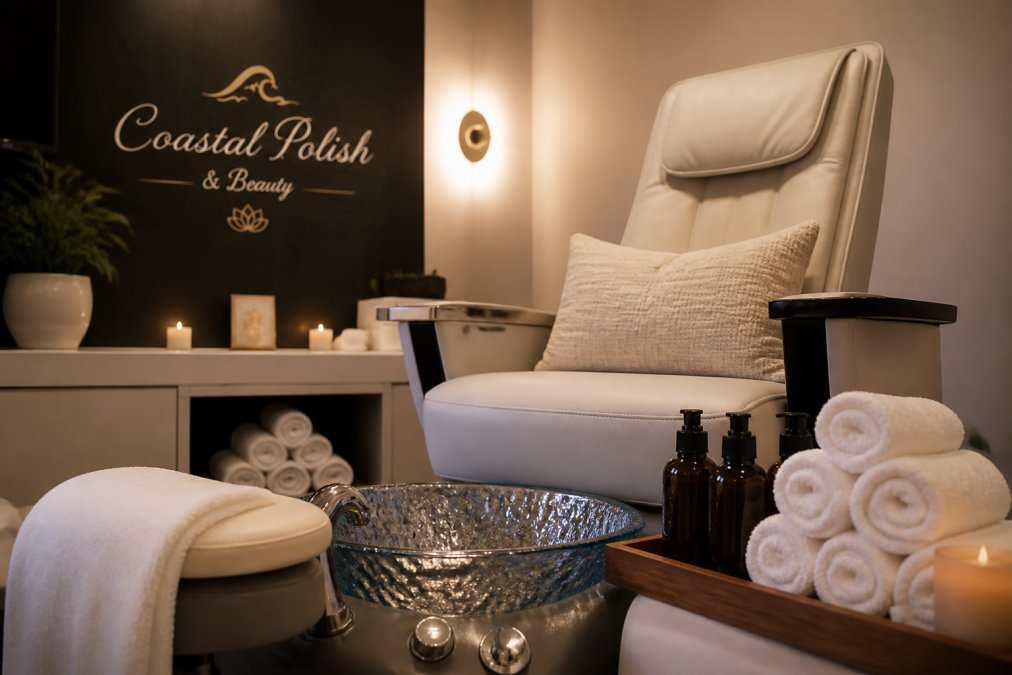 A serene nail salon treatment room with a plush pedicure chair, warm ambient lighting, rolled white towels, and neatly arranged bottles of premium foot products on a wooden tray