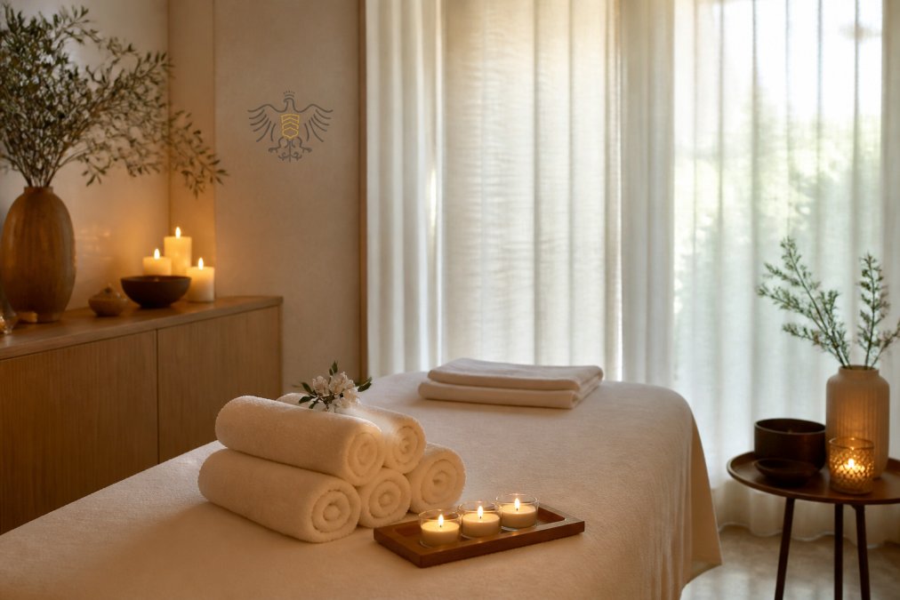 A serene spa treatment room with a massage table dressed in folded white towels, lit candles and soft natural light filtering through linen curtains