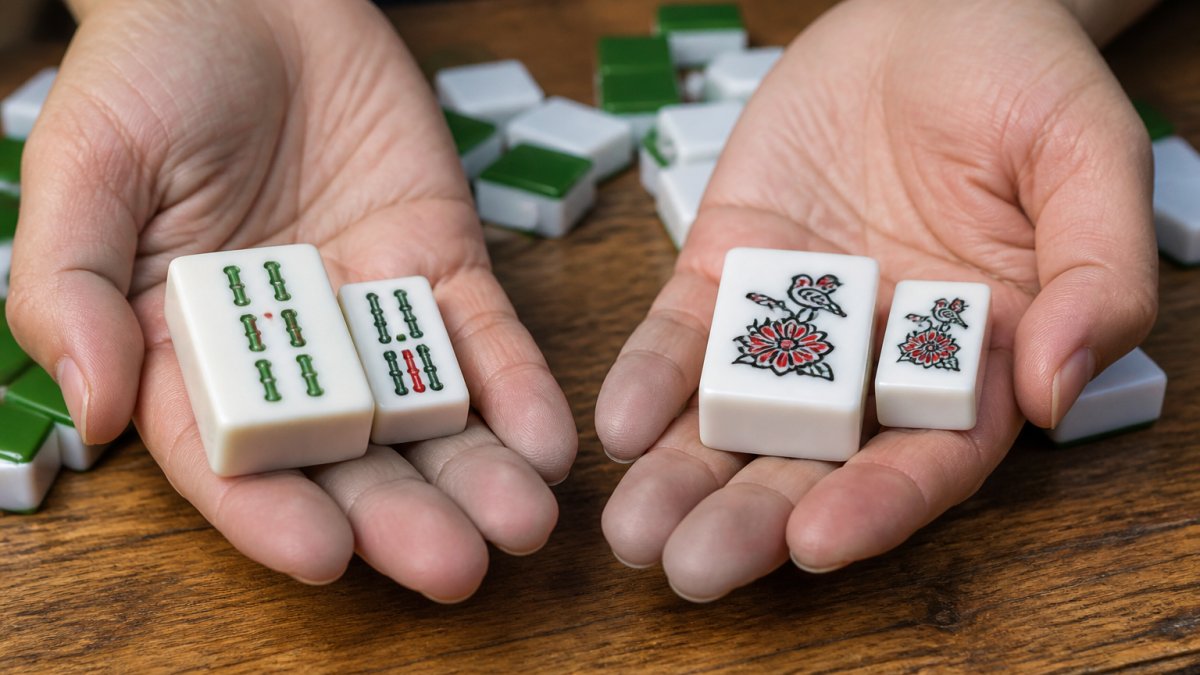 Close-up of hands holding different mahjong tiles, showing texture and weight differences between chunky premium tiles and standard plastic tiles on a wooden surface with natural lighting