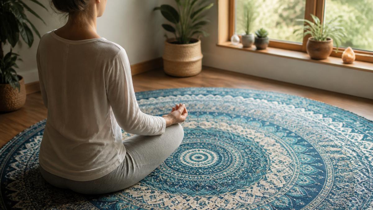 Person sitting cross-legged on a patterned mandala blanket during a peaceful morning meditation session