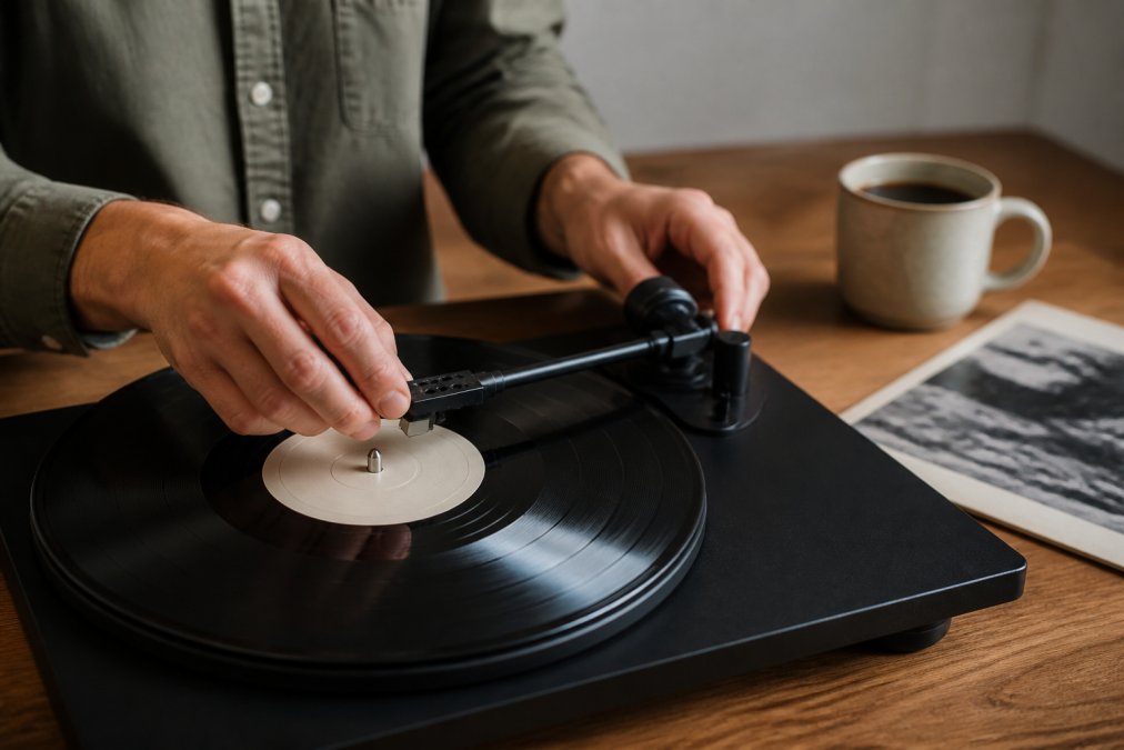 Close-up of a person's hands gently lowering a turntable tonearm onto a vinyl record, with a coffee mug and record sleeve visible in the background on a wooden table