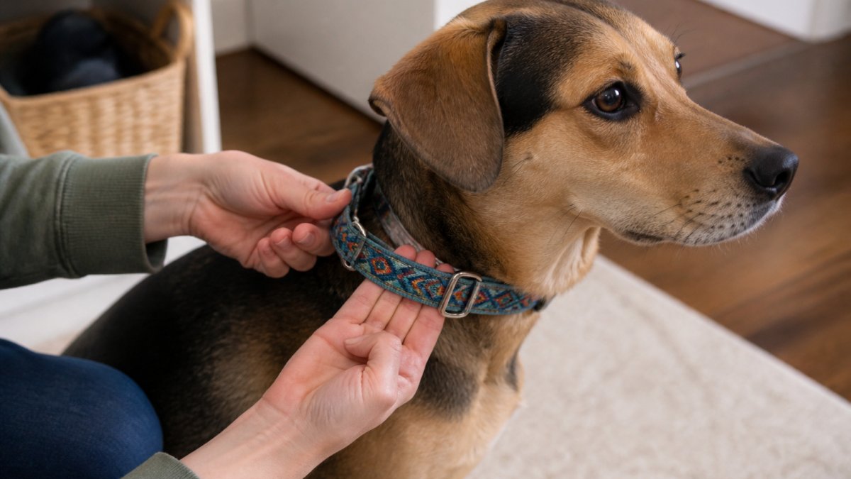 Close-up photo of a person's hands adjusting a fabric martingale collar on a medium-sized dog's neck, with two fingers slid under the collar to check the snug fit, natural indoor lighting, dog standing calmly