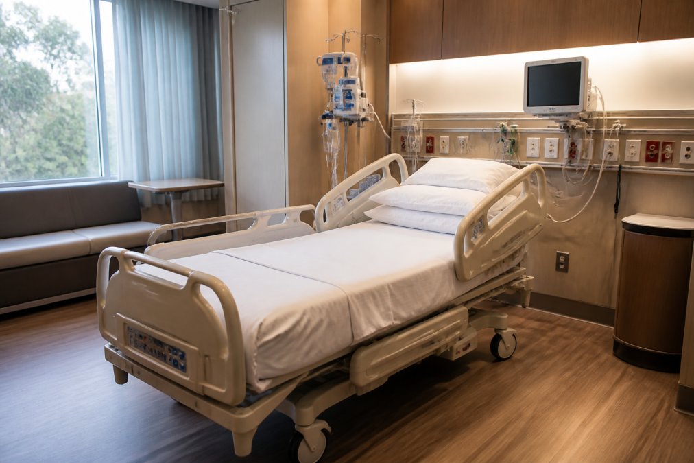 A modern hospital room with a technologically advanced adjustable patient bed, monitoring equipment attached, clean clinical environment with soft lighting