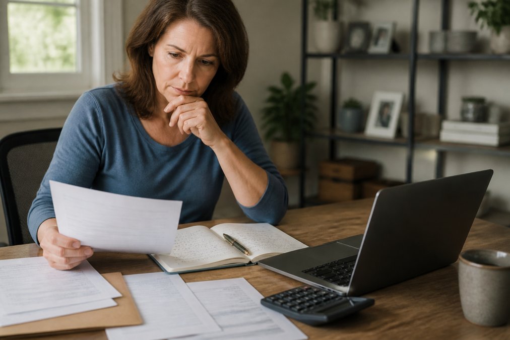 A person sitting at a desk reviewing documents and using a laptop, with a notepad showing financial calculations, concerned expression, home office setting