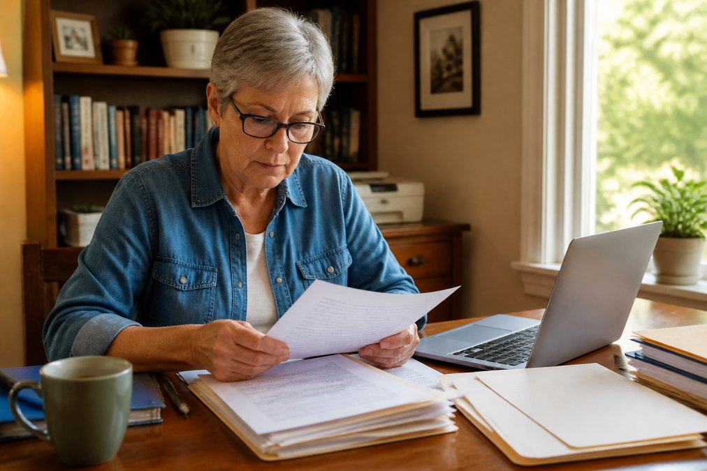 An older adult sitting at a home desk reviewing Medicare paperwork with reading glasses and a laptop, organized files spread across the wooden surface in warm afternoon light