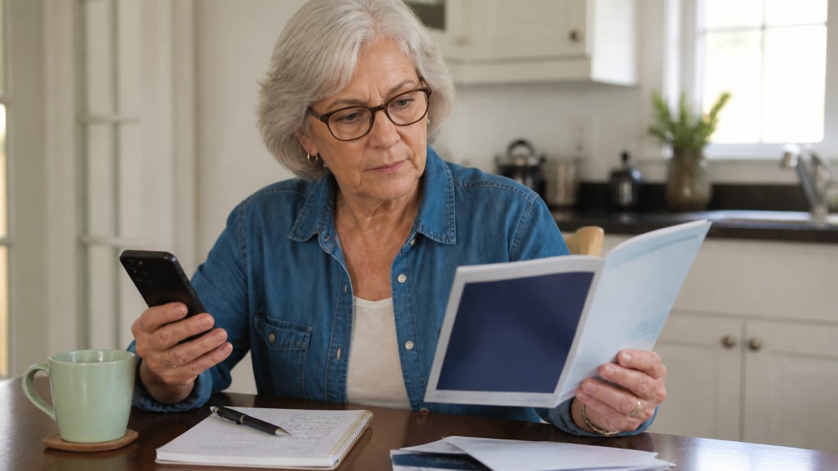 A senior woman at a kitchen table with a phone in one hand and a Medicare plan booklet in the other, taking notes on a notepad beside her