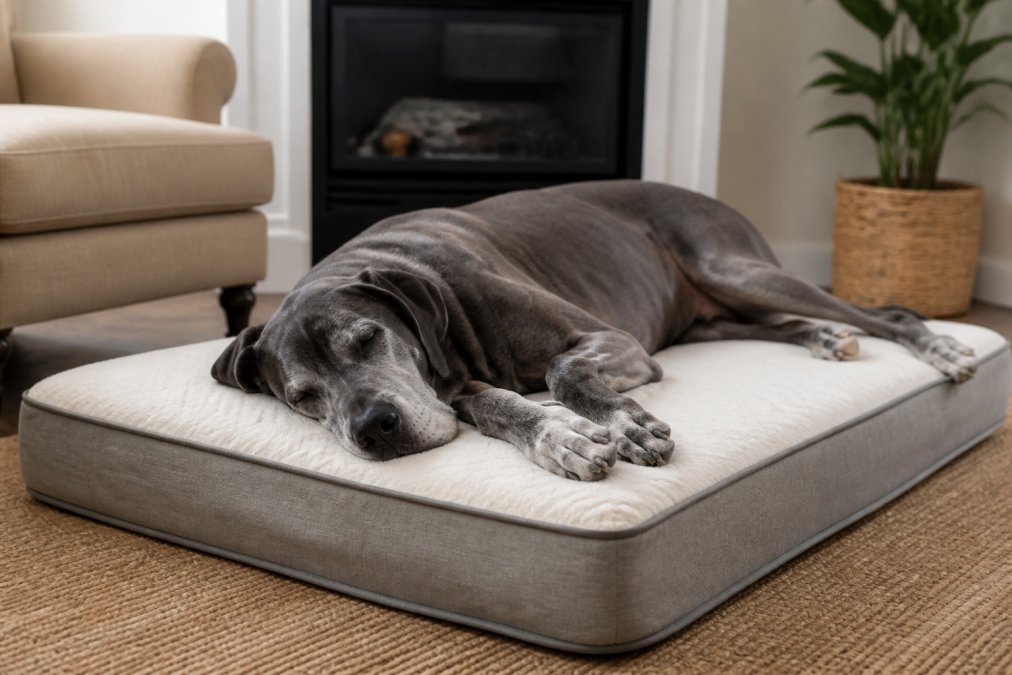 Senior large-breed dog resting comfortably on a thick memory foam dog bed to support aging joints