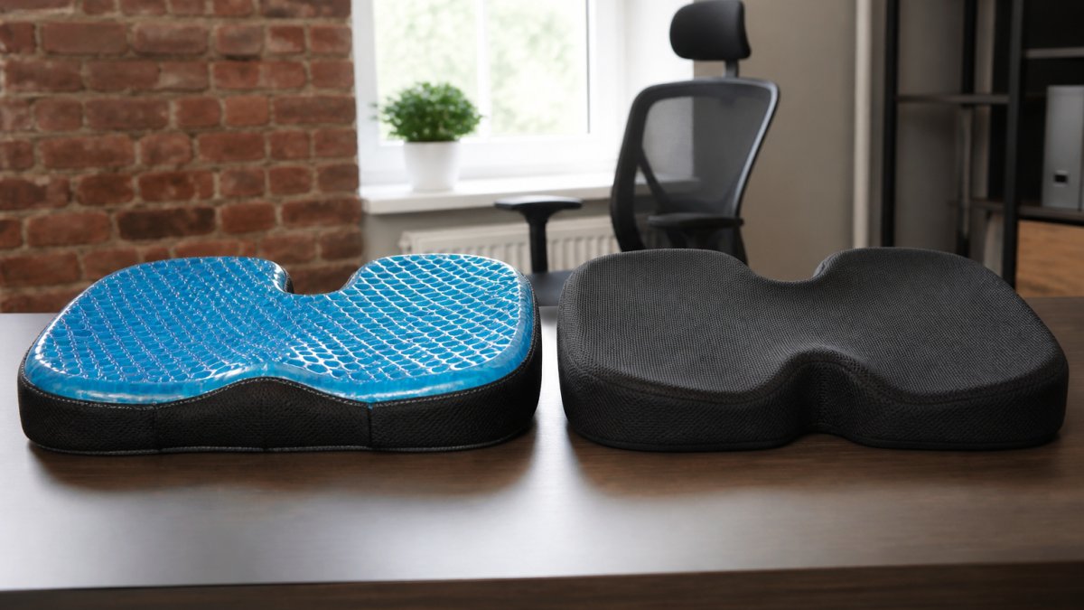 Side-by-side comparison of a gel seat cushion and a contoured memory foam cushion on an office desk.