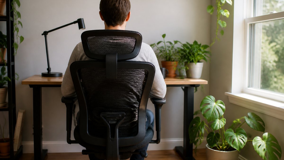 Remote worker sitting in a black mesh office chair at a sunlit home desk with plants