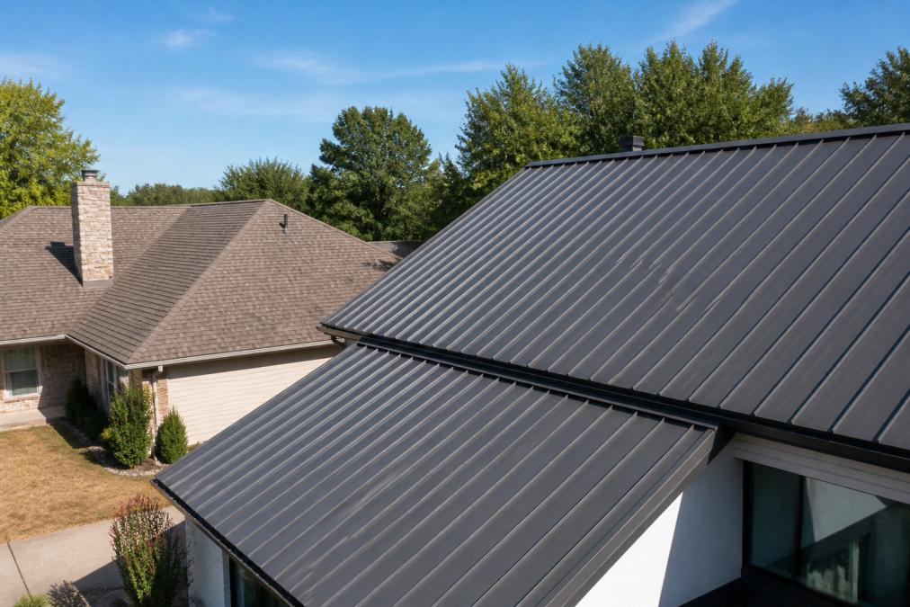 Wide shot of a residential Tulsa home with a standing seam metal roof under a clear blue sky, with an older home with asphalt shingles visible in the background for contrast