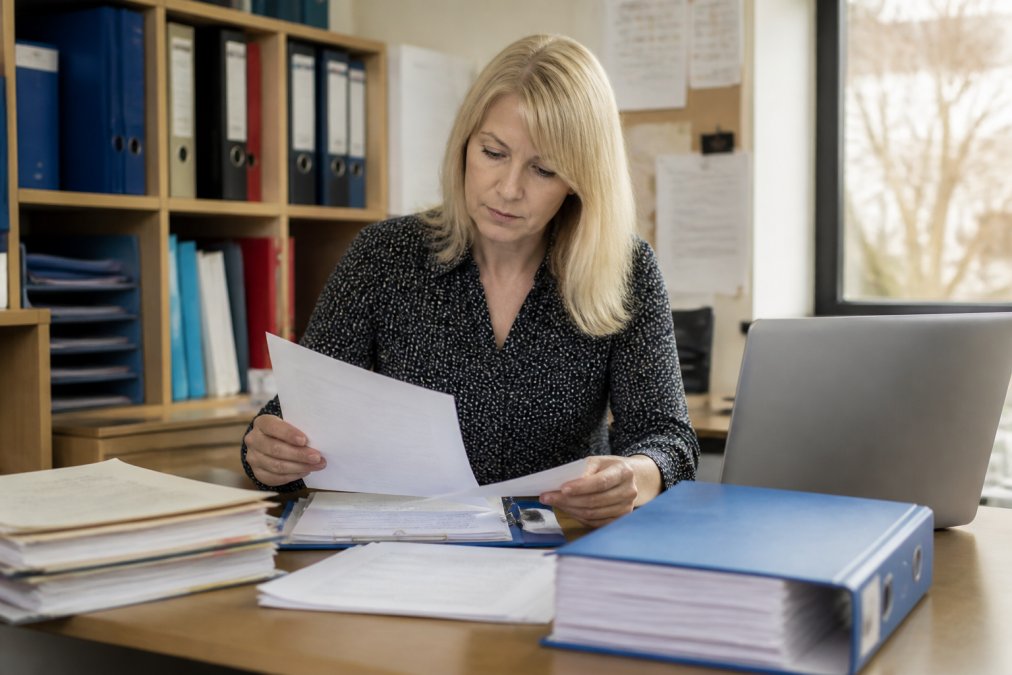 School business manager at a desk reviewing minibus permit documentation and compliance paperwork with a laptop and filing folders visible