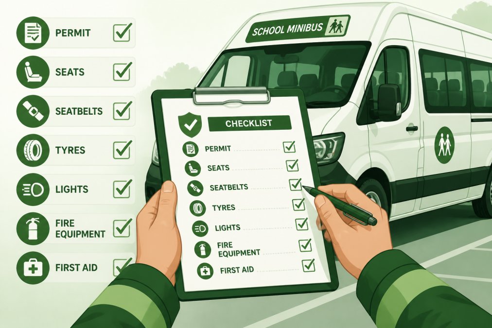 Close-up of hands holding a clipboard with a safety checklist whilst inspecting a minibus exterior, showing vehicle compliance verification in progress