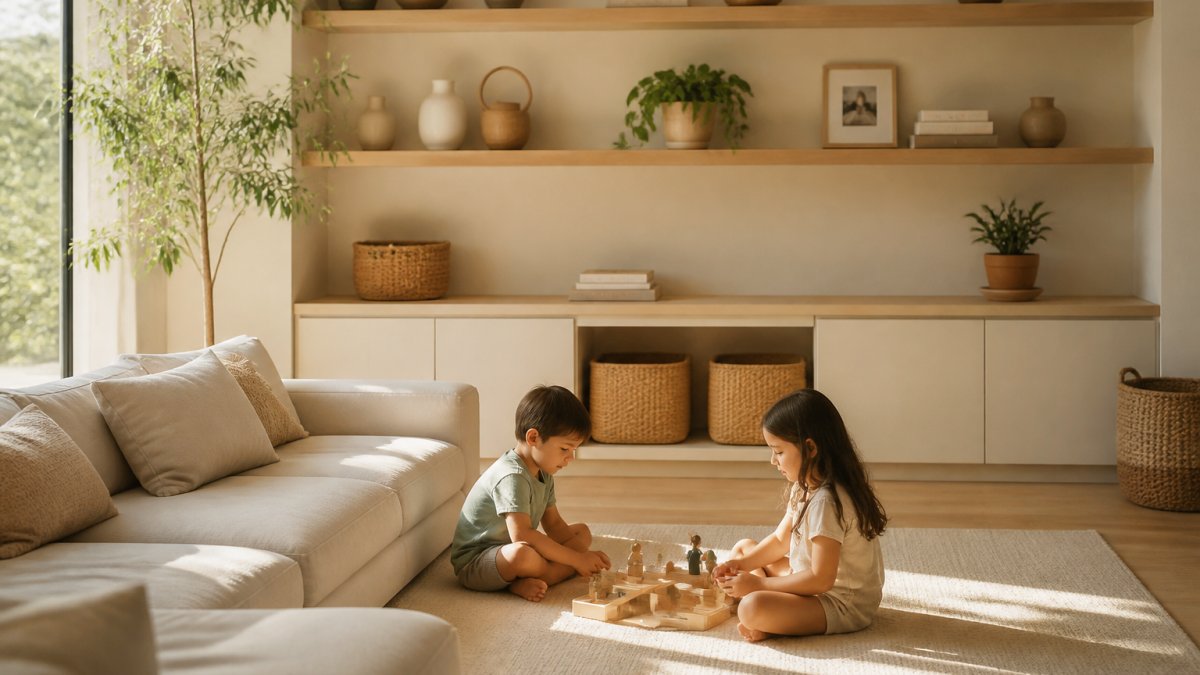 Bright, organized family living room with minimal furniture, open shelving displaying curated items, children playing with a few well-chosen toys, and warm natural light creating a calm, functional space