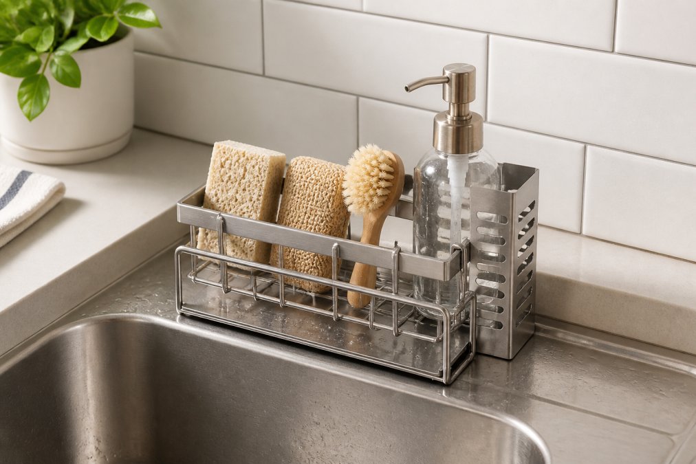 Close-up of brushed stainless steel sink organizer holding wet sponges, brushes, and soap dispenser in a compact urban kitchen with white subway tile backsplash and proper water drainage visible