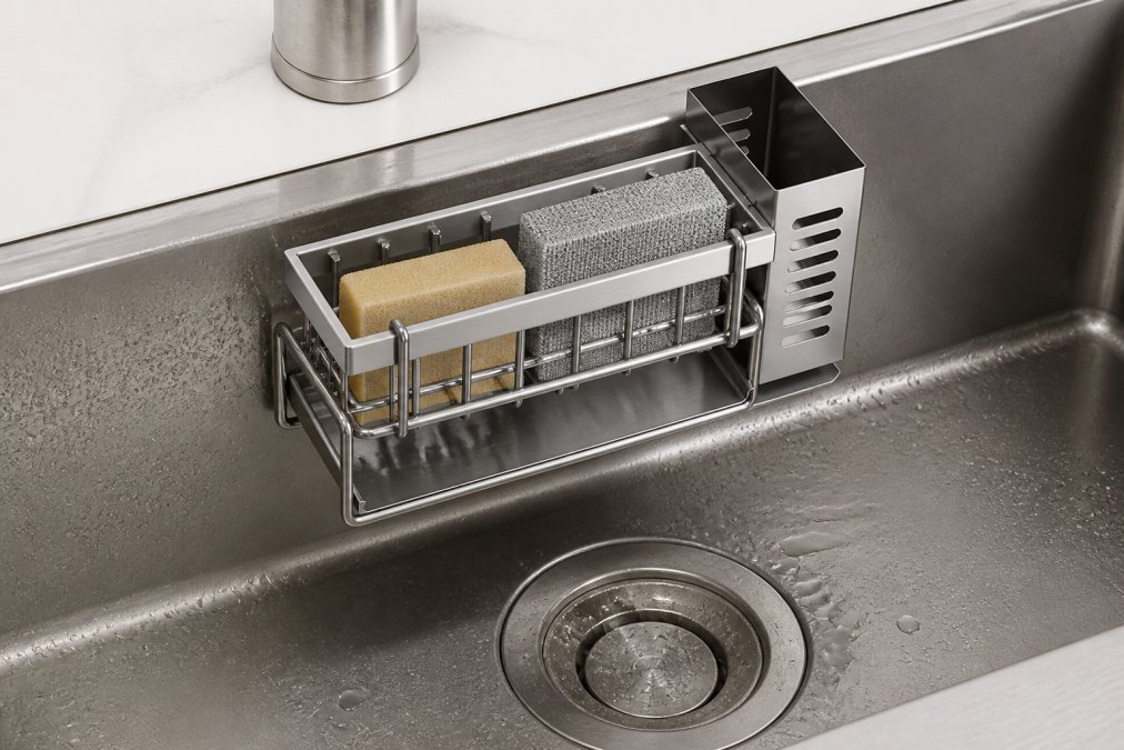 Overhead view of a clean, minimalist stainless steel sink area with water droplets on brushed metal surfaces, organized sponges in a compact caddy, and proper drainage channels visible