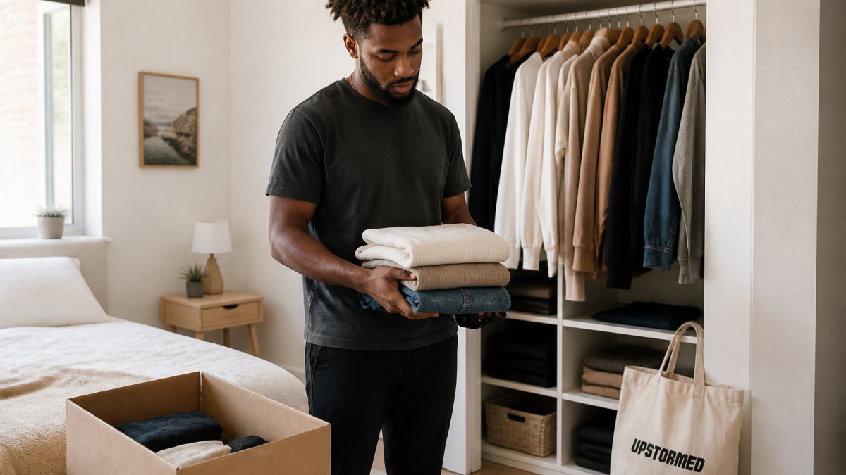A person sorting through a tidy closet, holding a few folded neutral tops and jeans, with a donation box nearby in a bright bedroom