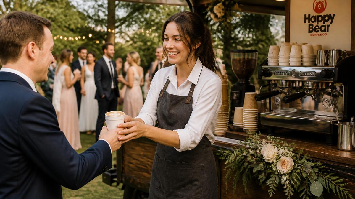 Barista handing a latte to a guest at a rustic outdoor wedding reception with a floral espresso cart