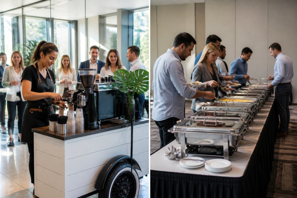 Professional barista in branded apron expertly pulling espresso shots at a mobile coffee cart positioned in a modern corporate office lobby, with business-casual guests holding specialty drinks and smiling in the background, bright morning natural lighting streaming through floor-to-ceiling windows