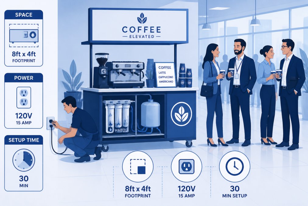 Mobile coffee cart setup in corporate office lobby showing barista connecting power cable to wall outlet, water filtration system visible on cart, with professional signage and branded cups displayed, multiple guests standing nearby with drinks, professional lighting and modern architectural setting