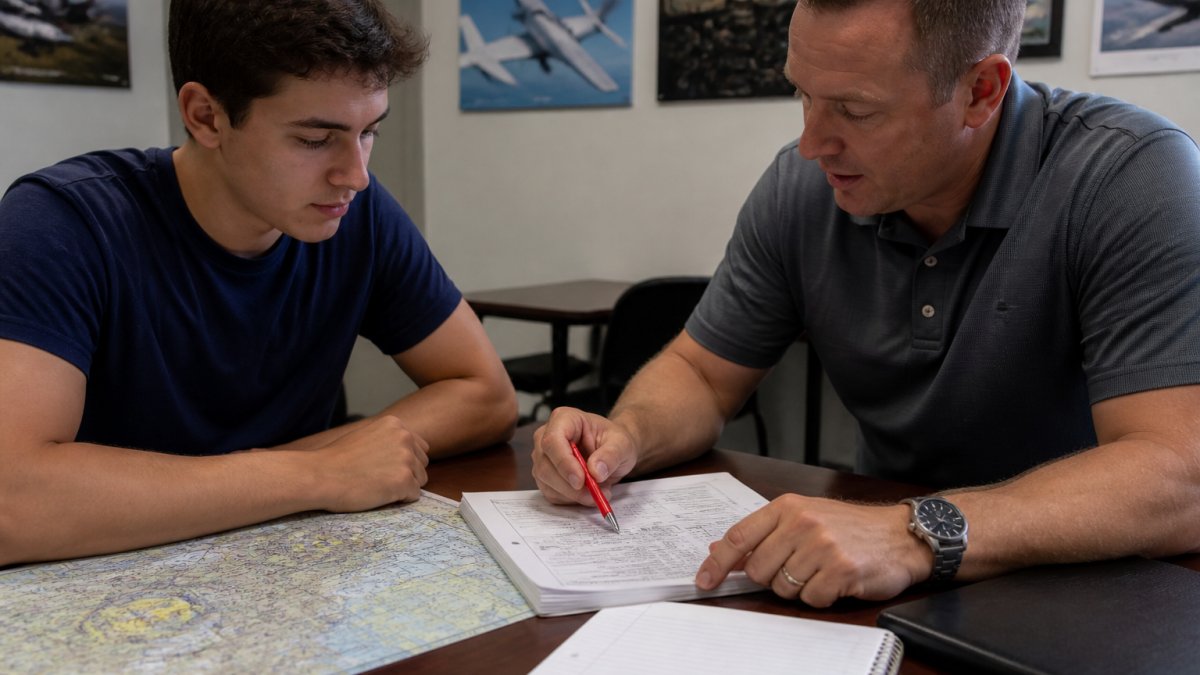 A student pilot and a flight instructor sitting across a small table in a flight school briefing room, reviewing a sectional chart and a printed checklist, with a red pen and a notebook between them