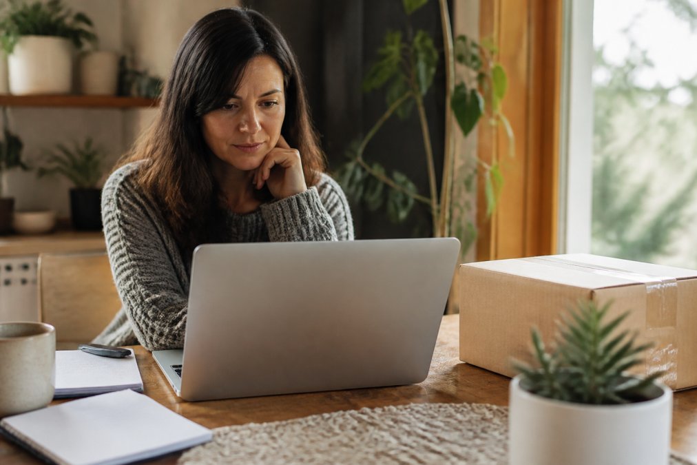 A woman at a home desk reviewing an order confirmation email on a laptop, a cardboard shipping box beside her, soft natural window light