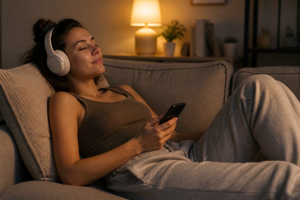 A young woman lying on a couch in a dimly lit cozy apartment, wearing wireless headphones and holding a smartphone with eyes closed and a relaxed expression, warm lamp light creating an intimate and private atmosphere