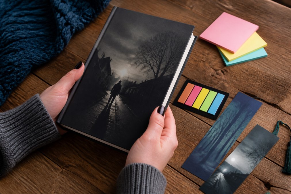 Close-up of hands holding a hardcover thriller novel with reading accessories like bookmarks and sticky notes arranged on a wooden table