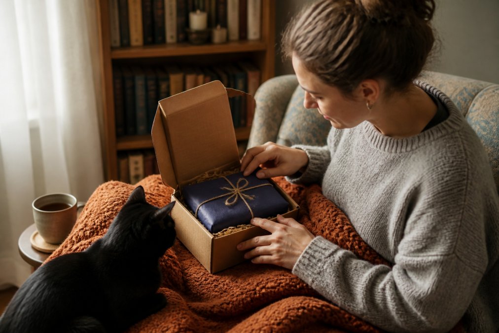 Person opening a wrapped mystery book box at a cozy reading nook with a warm blanket, mug of tea, and black cat nearby
