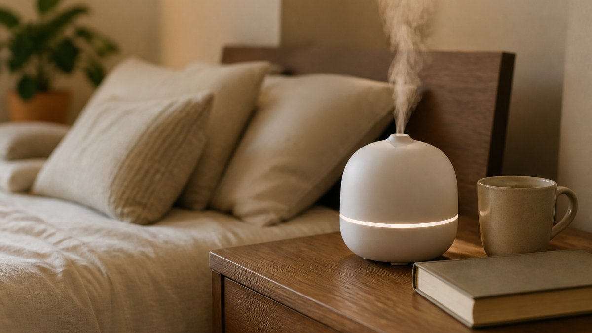 A compact ultrasonic essential oil diffuser releasing a soft mist on a wooden nightstand in a small, warmly lit apartment bedroom, with a book and ceramic mug nearby