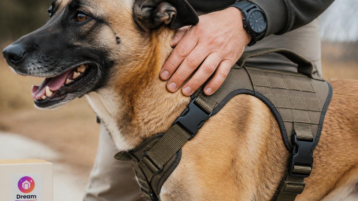 Diagram showing the correct fit of a tactical dog harness with a hand checking the shoulder strap area
