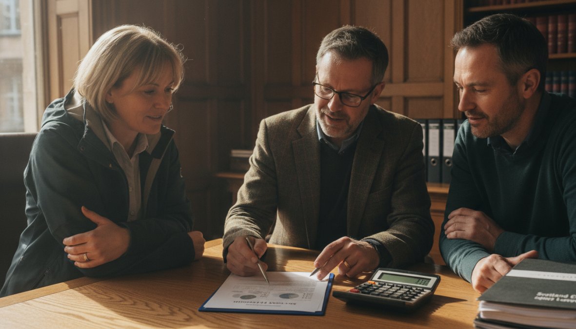 Professional solicitor discussing case details with a client across a desk in a modern Scottish law office, with documents and a calculator visible