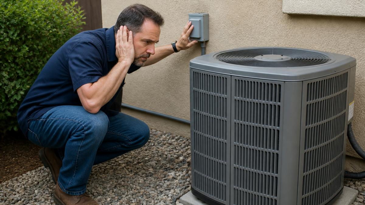 A homeowner kneeling beside an outdoor air conditioning condenser unit, hand on the shutoff switch, listening closely with a concerned expression