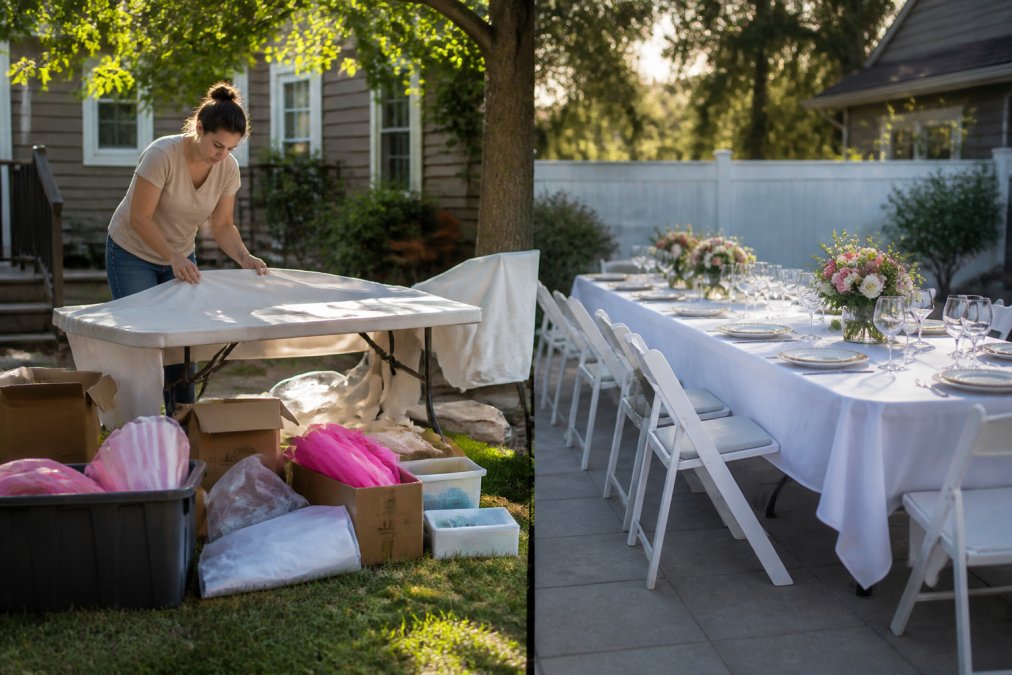 Parent setting up party decorations and tables in a backyard, surrounded by cardboard boxes of supplies, DIY materials, and scattered tablecloths, natural afternoon sunlight streaming through trees