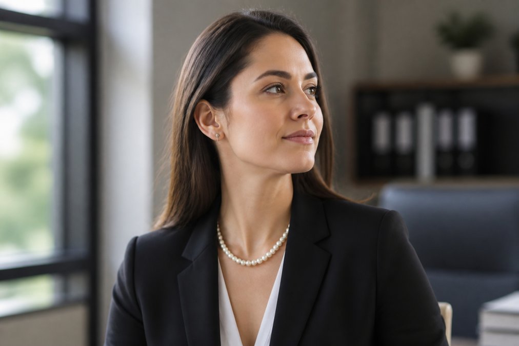 Confident woman wearing a simple pearl necklace in a professional office setting with soft lighting