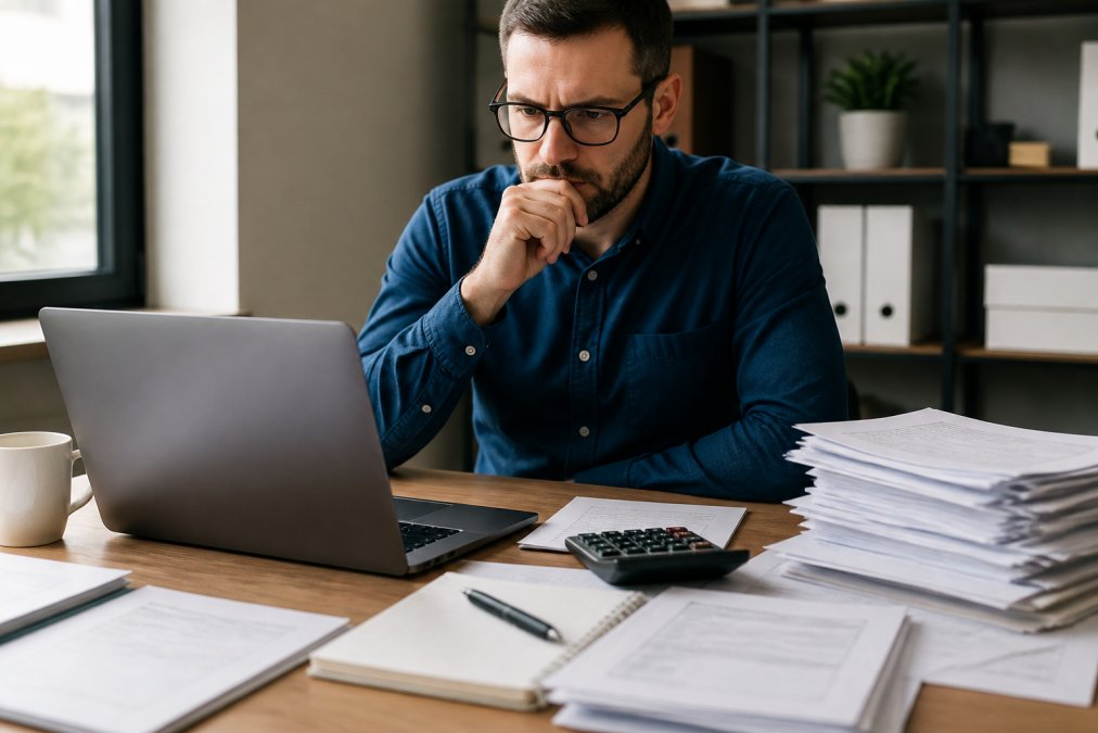 A small business owner in a modest office reviewing a spreadsheet on a laptop while payroll paperwork and a calculator sit on the desk beside a coffee mug