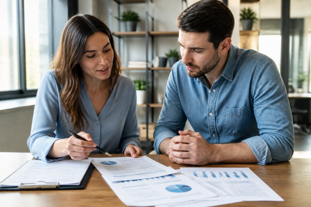 Startup founder and HR consultant reviewing payroll documents to determine if a PEO worth it for their business