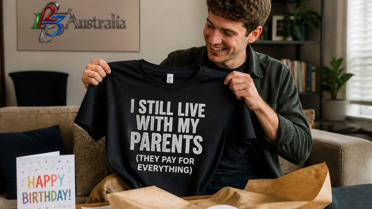 A smiling adult holding up a black novelty t-shirt with a funny printed slogan, wrapping paper and a birthday card on a table beside them in a warm home setting