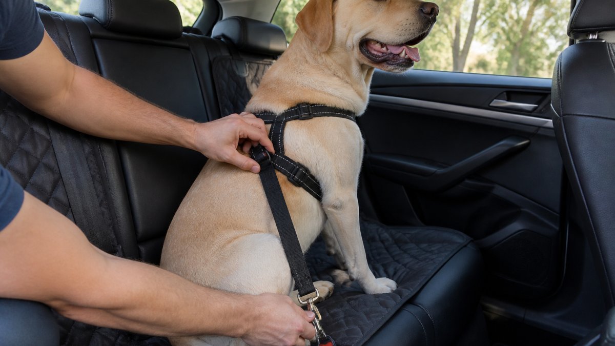 Person adjusting the chest strap and tether of a dog safety harness in a car back seat