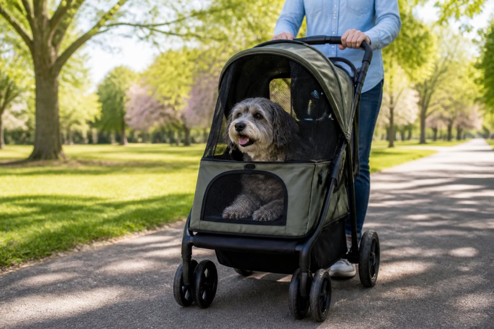 A happy senior dog with grey fur sitting comfortably inside a foldable pet stroller, looking out through the mesh window while its owner pushes it along a sunny, tree-lined park path