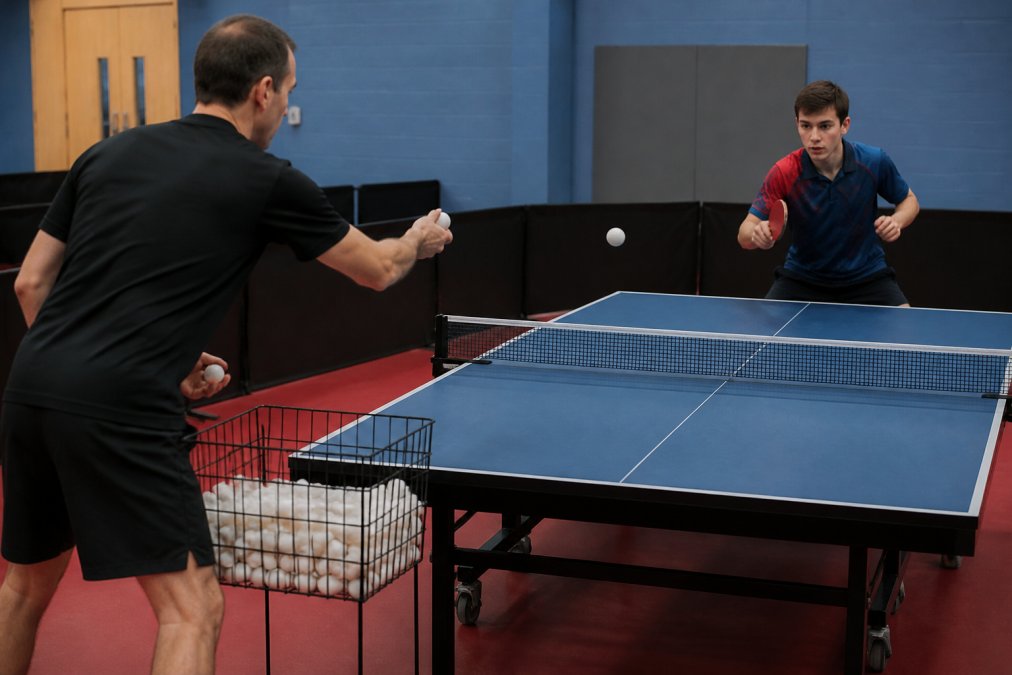A coach feeding balls by hand from a large basket to a player doing a multi-ball drill at a table tennis table