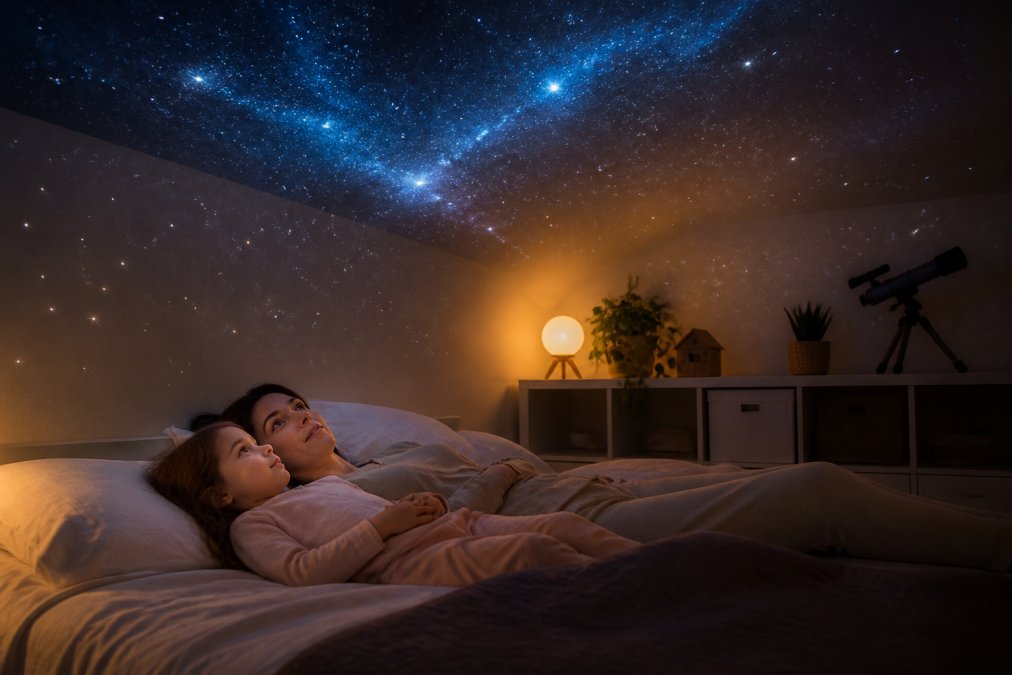 A bedroom at night with a galaxy projector casting stars and nebula patterns across a near-black ceiling, a child and an adult lying on the bed looking up, soft ambient glow, realistic home interior