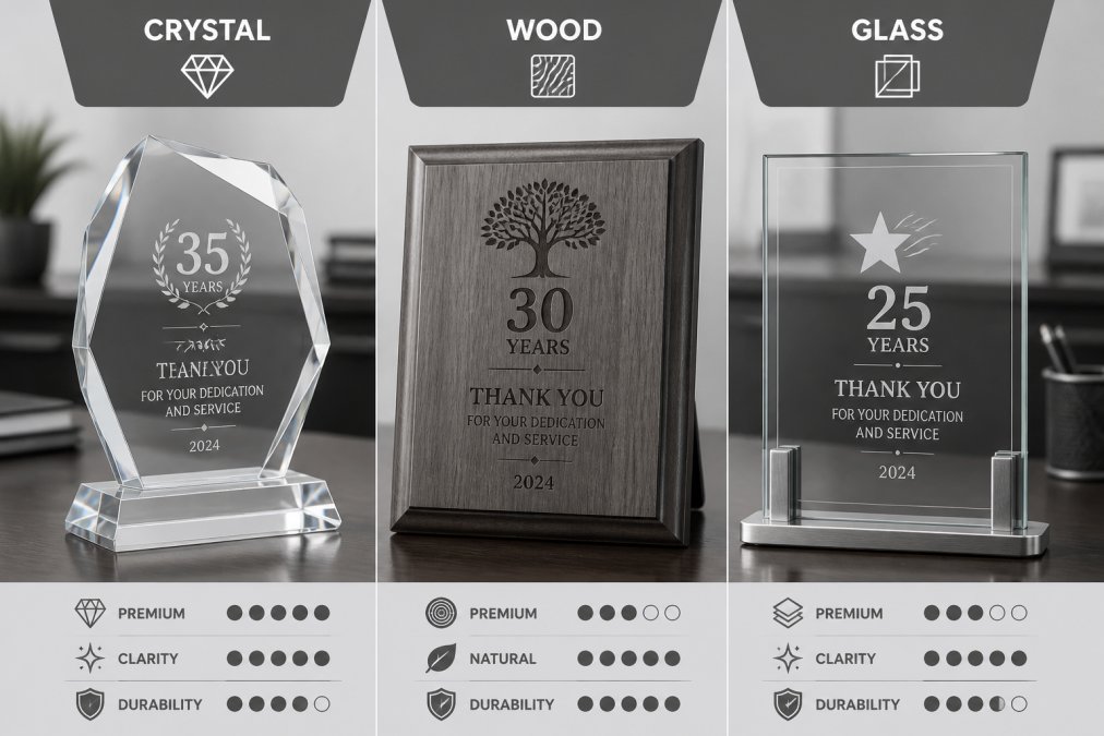 Close-up of three retirement plaques displayed side by side on a polished mahogany desk, one crystal with beveled edges catching light, one warm wood with engraved text, one modern glass, showing material texture and quality differences with soft professional office lighting