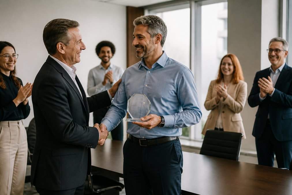 A retirement ceremony moment where a company executive presents a crystal plaque to a retiring employee in front of colleagues in a conference room, showing genuine appreciation, handshakes, and professional setting with warm lighting