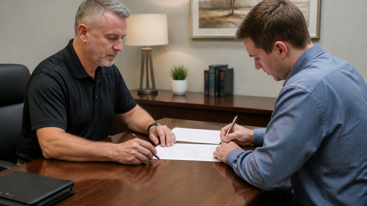 Professional examiner and client reviewing and signing consent forms at desk in private consultation room before polygraph examination begins