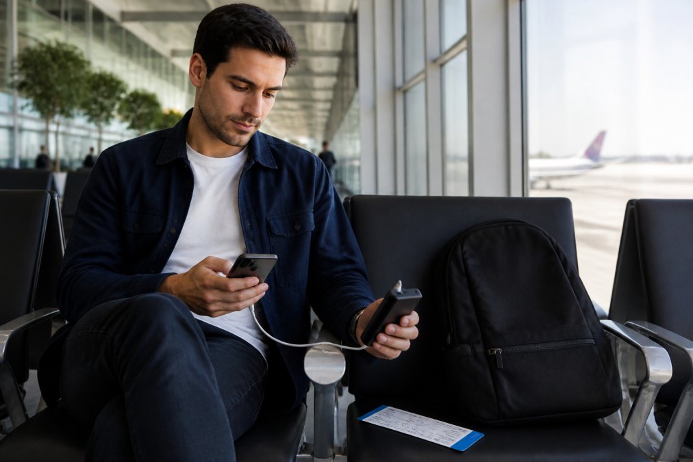 A traveler in a bright airport terminal holding a smartphone connected to a compact portable charger, boarding pass visible on the seat beside them, natural window light