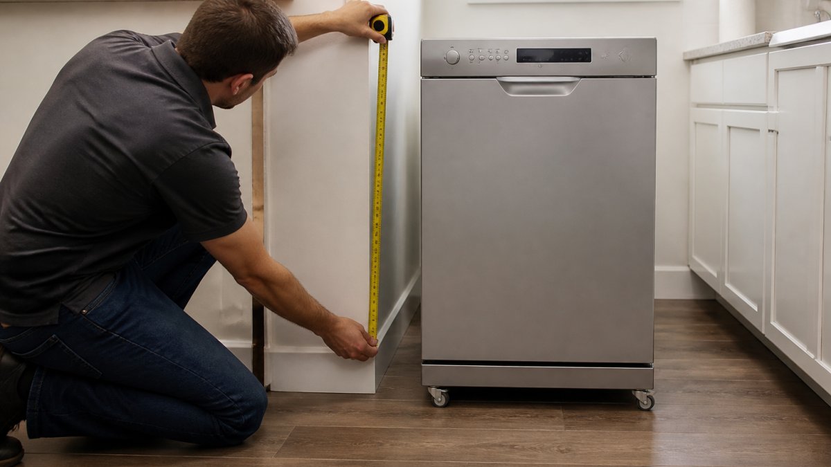 A person kneeling in a small apartment kitchen, holding a tape measure against the gap between the counter edge and the wall while a portable dishwasher sits nearby on its casters