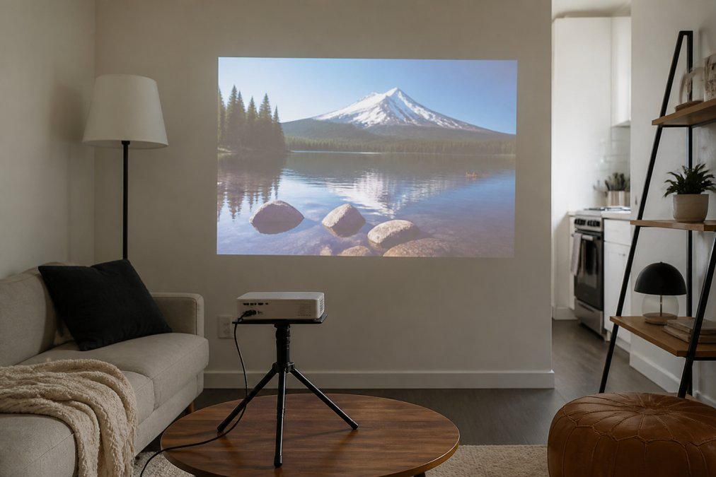 Compact apartment living room with a portable projector mounted on a small tripod, projection displayed on a white wall, showing throw distance and setup in tight quarters