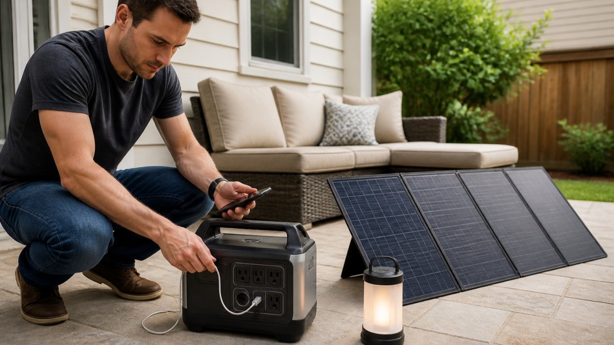 Homeowner charging a phone and lamp with a portable solar generator on a sunny suburban patio