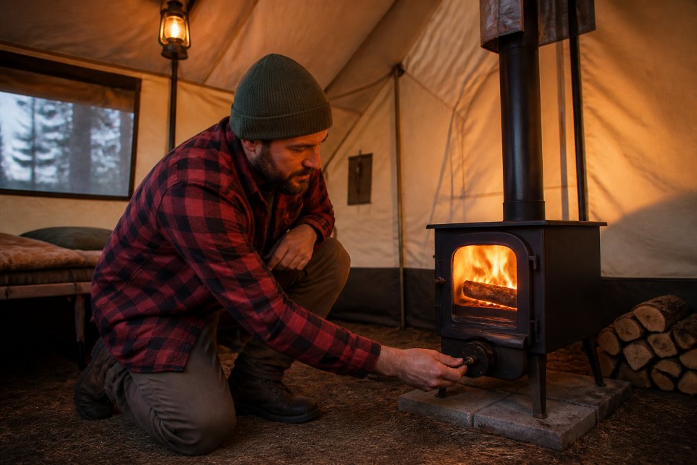Camper adjusting the damper on a wood stove inside a glowing canvas tent at dusk
